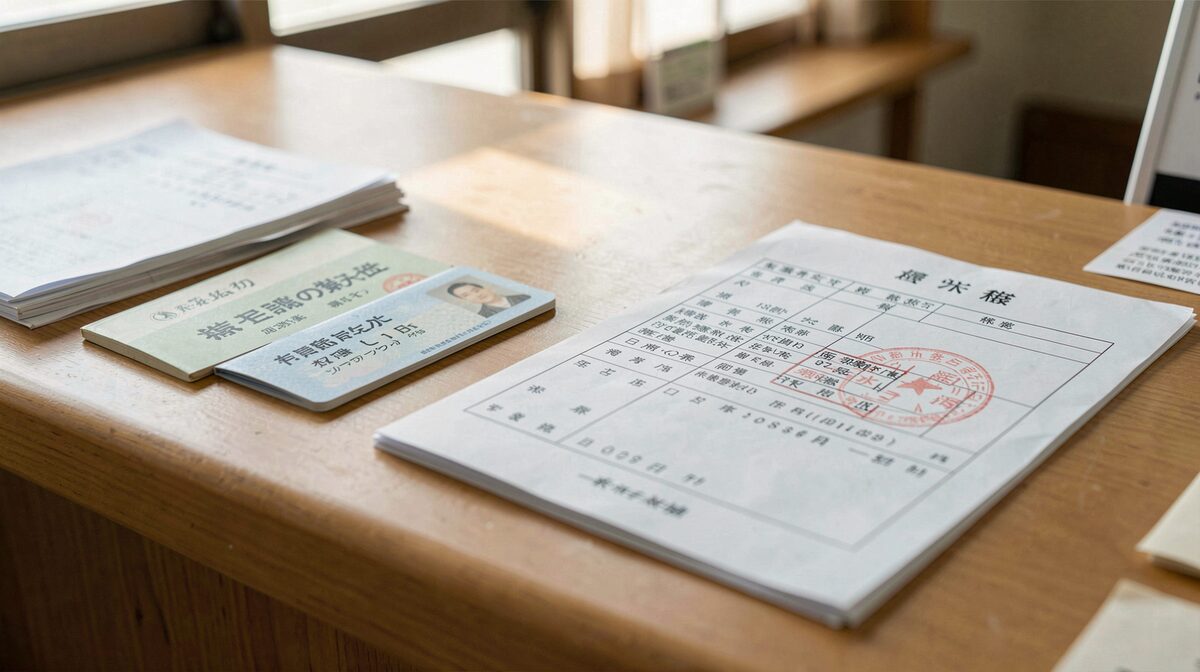 A city or ward office service counter in Japan in soft morning light, a departing resident's residence card and pension book laid on the counter beside a stamped notification form.