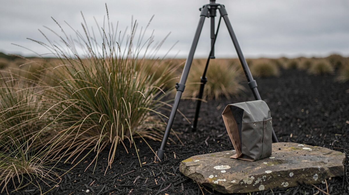 A tripod with splayed legs standing on dark peat beside a tussock of molinia, a folded filter holder resting on a flat stone in the foreground, low grey light and a soft horizon behind.
